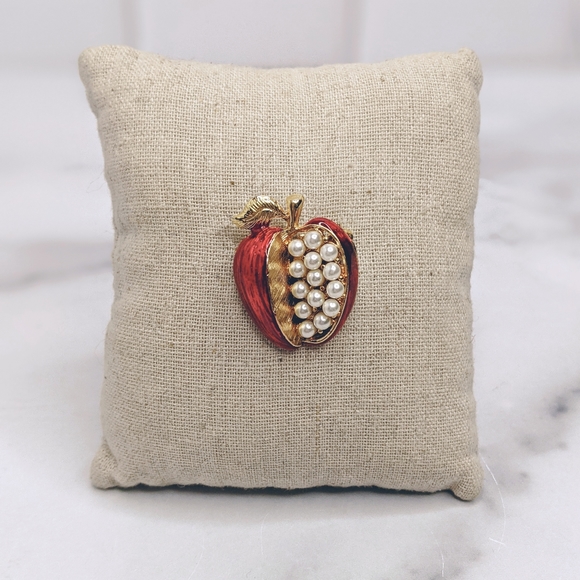 Vintage Jewelry - Vintage red enamel & faux pearl apple brooch